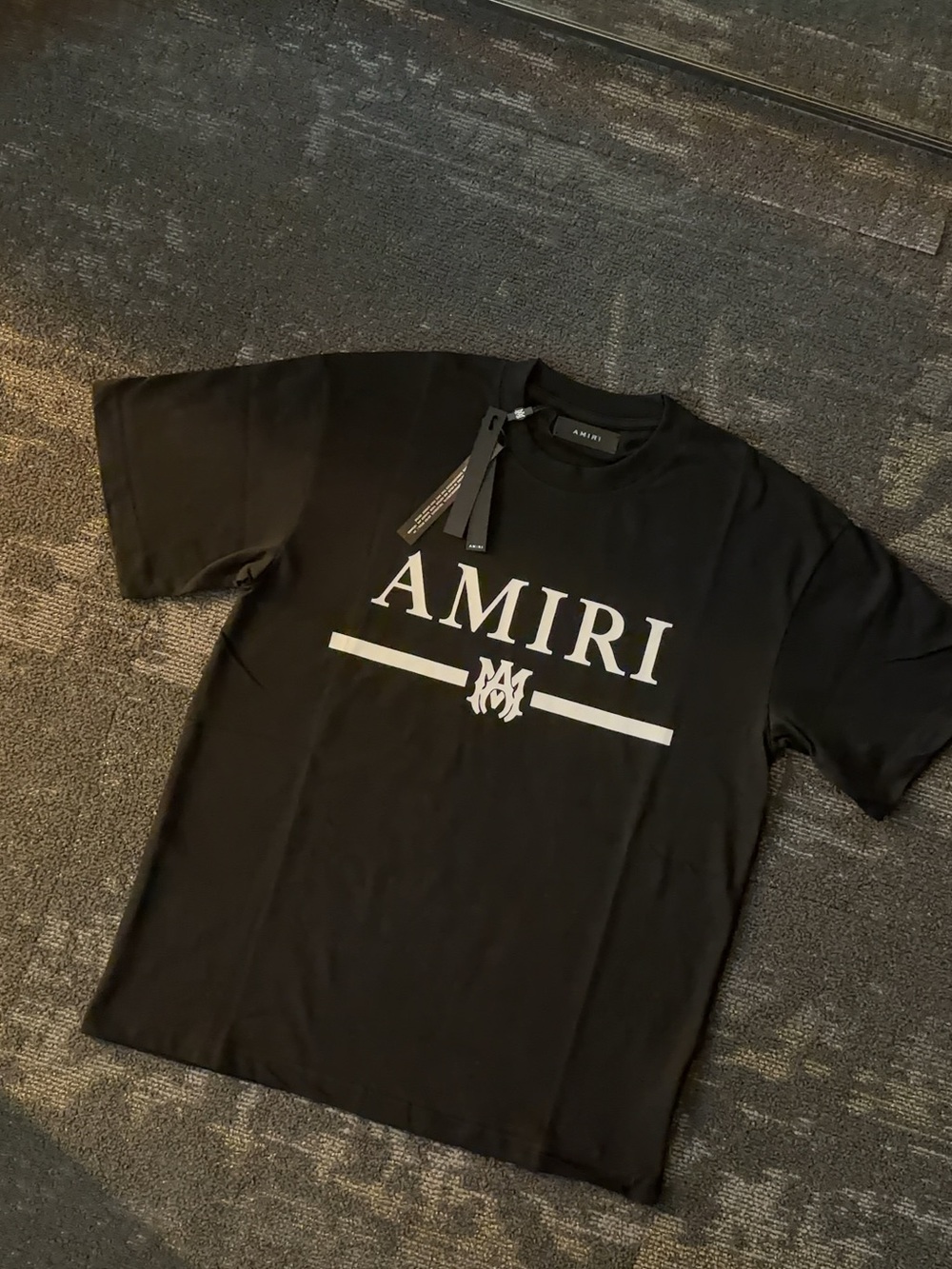 AMIRI Black Crewneck T-Shirt with White Logo Stripe
